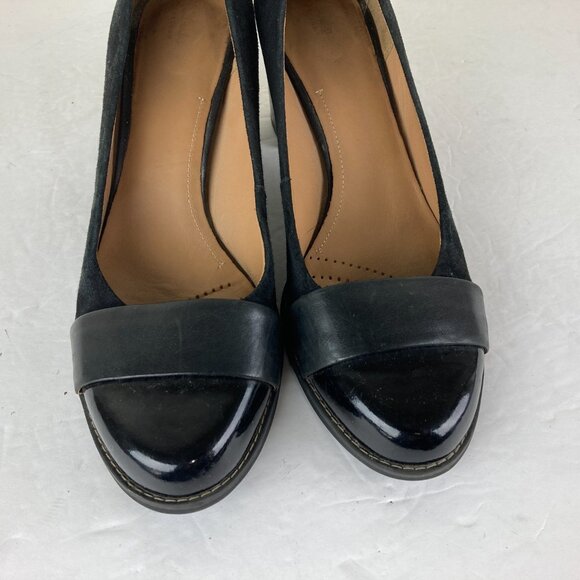 Clarks Womens Sz 9.5 Black Leather Suede Chunky Block Heel Pumps Shoes - Picture 3 of 6